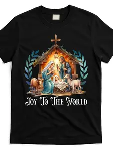 Christmas Nativity Christian Birth of Jesus T-Shirt - Joy to the World Design, Black Unisex Adult Short Sleeve 220GSM Pure Cotton Tee, Casual Round Neck Graphic Print for Holiday Celebrations & Casual Attire, Festive Clothing| Traditional Style Shirt| M