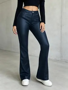 Women's High-Waisted Slim-Fit Flare Pants, Stretch Skinny PU Leather Trousers, Street Retro Y2K Style, Fashionable and Comfortable