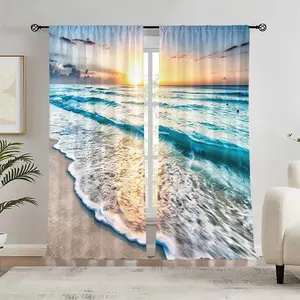 Ocean Landscape Print Curtain, Tropical Beach Window Decoration, Pole Pocket Style, Semi Sunshade Polyester Fiber for Home Living Room Bedroom Balcony