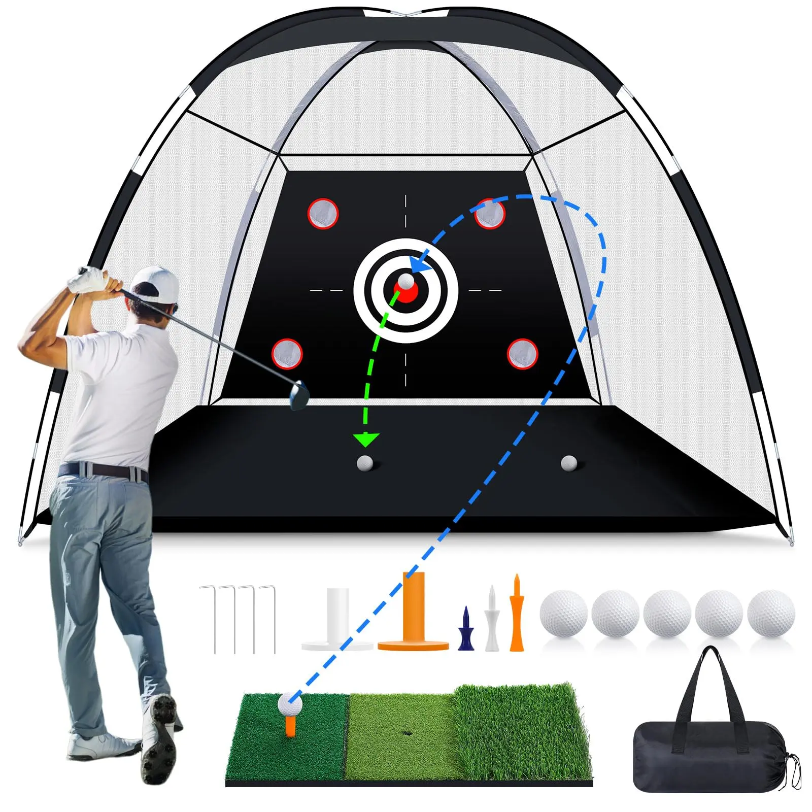 MoKo Golf Net with Practice Mat, 10 x 7 ft Golf Hitting Net for Outdoor Indoor Backyard Driving Chipping Swing Training, All-in-One Multi-Target Training equipment Aid Practice Nets with Tri-Turf Mat, Black