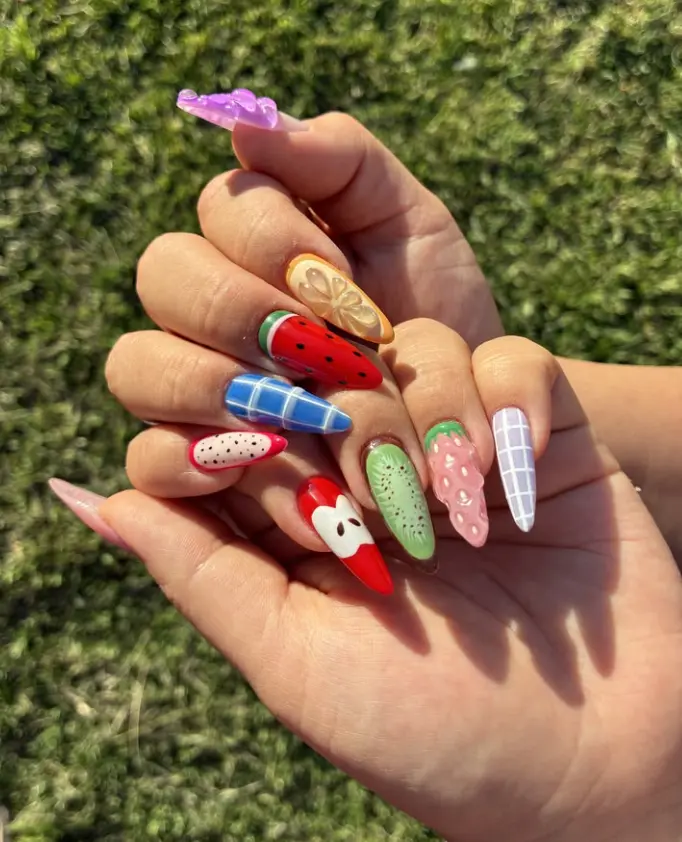 Fruit Garden 3D Press On Nails Handmade Long Stiletto False Nail Set Watermelon Kiwi Strawberry Lemon Apple Design Glossy Acrylic Nails Cute Summer Aesthetic Reusable Full Cover Nail Art for Women Vacation Party Gift Manicure Set