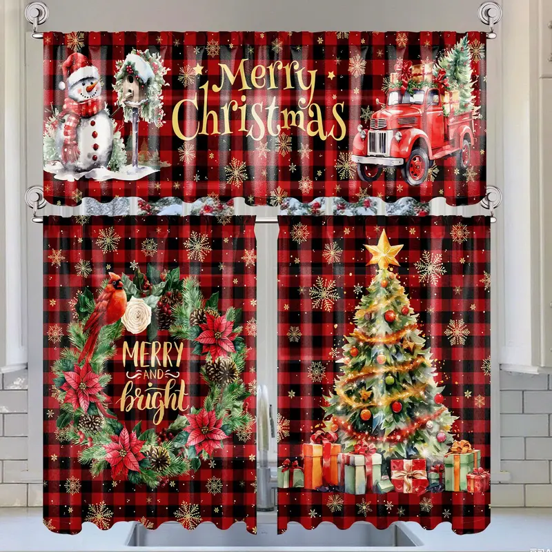 3 Pcs Christmas Kitchen Curtains Valances and Tiers Set for Windows, Christmas Short Curtains with Snowman Santa Claus Gingerbread Plaid Designs, Holiday Window Treatment Decor for Kitchen Bedroom Living Room Home Christmas Party Decor