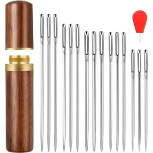 30PCS Large Eye Stitching Needles, 5 Sizes Big Eye Hand Sewing Sharp Needles Embroidery Thread Needle with a Wooden Needle Case