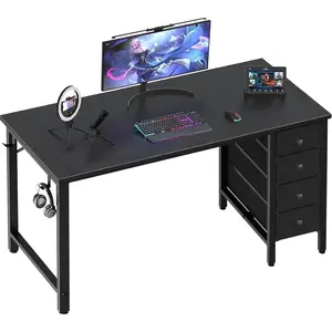 Lufeiya Gaming Desk with Fabric Drawers - 55 Inch Long Study Work Writing Reversible Computer Desk for Home Office Bedroom, Simple Modern Cute PC Desks with Drawer, Black