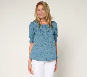 Me by Jennie Garth Marigold Printed Blouse with Puff Sleeve