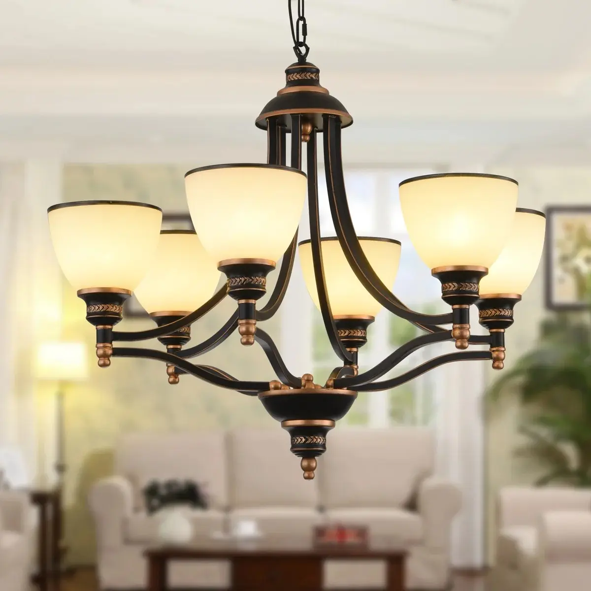 Garwarm 6-Light Vintage Farmhouse Chandelier, Matte Black Bronze Accents, Frosted Glass Shades, Adjustable Chain, 26 Inch Traditional Pendant Light for Dining Room, Kitchen Island, Living Room, Bedroom