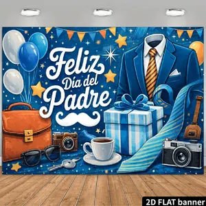 2D Flat Banner Polyester Photography Backdrop, HD Digitally Printed Father's Day Theme Background Cloth with Blue Suit, Tie, Gift Box, and Mustache Design, Soft Lightweight Foldable for Dad's Birthday Party, Photo Booth, and Studi