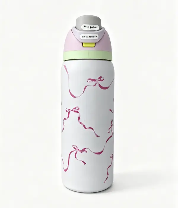 Owala 32oz Coquette Pink Printed Bows Leakproof Stainless Steel Vacuum Insulated Tumbler - Insulated Water Bottle Mug, Sublimation Lid Travel Bottled Item, 24H Cold Retention, Heat Resistant, Anti-Scalding, Durable Portable Kitchenware for Students, Insul
