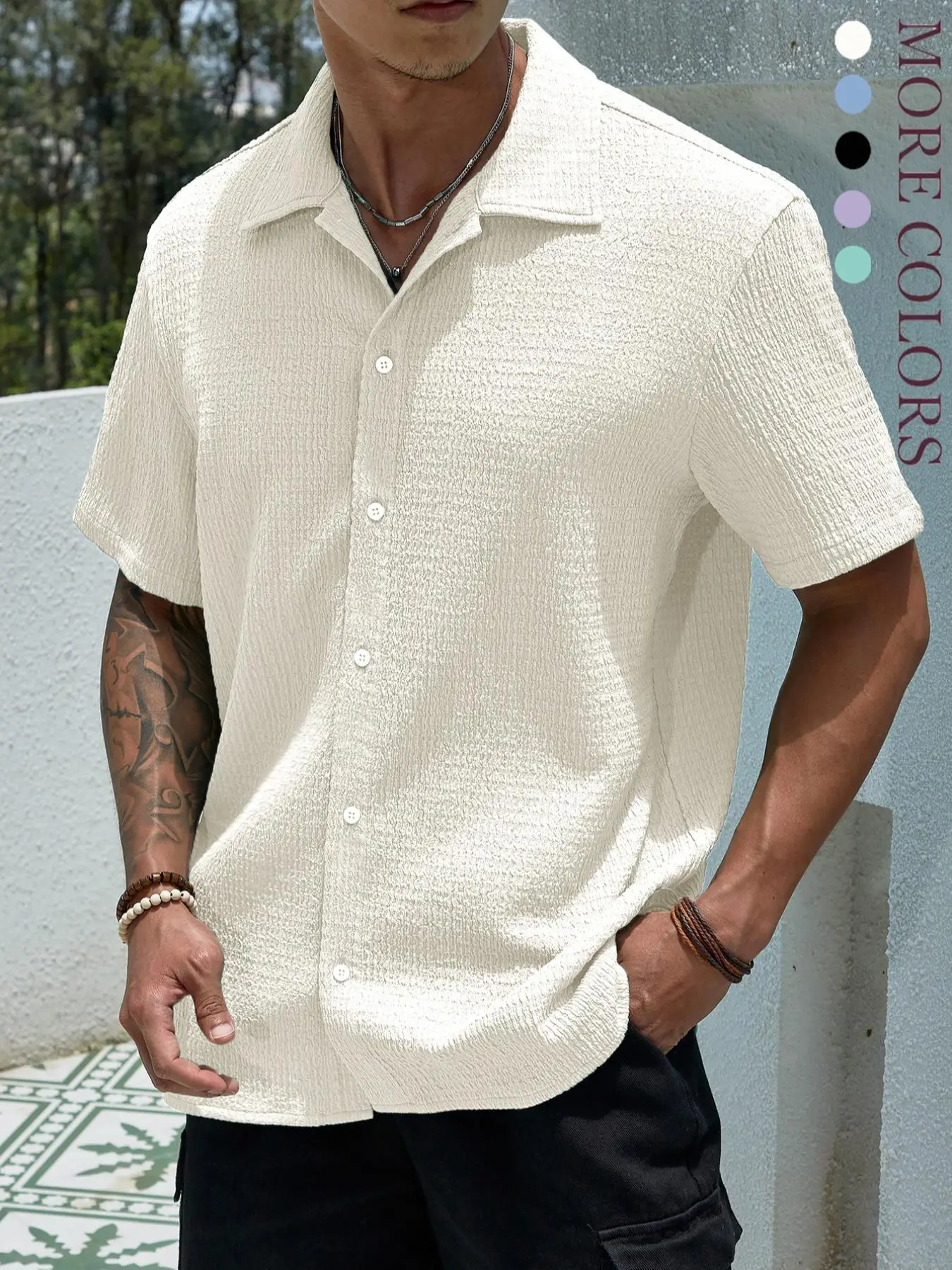 Men's Textured Button Front Shirt, Casual Regular Fit Short Sleeve Collared Top for Summer, Summer Leisure Top 2024, National Day Clothing, Men's Clot