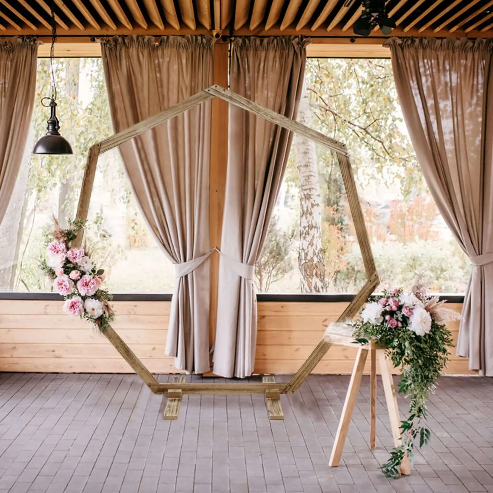 7ft Heptagon Shape Rustic Look Wooden Wedding Arch - Lightweight Single-Person Assembly Backdrop Stand, 44"l x 3"w x 0.5"-1" Thickness, Includes Screws for Boho and Rustic Style Weddings Indoor Decor, Decorating