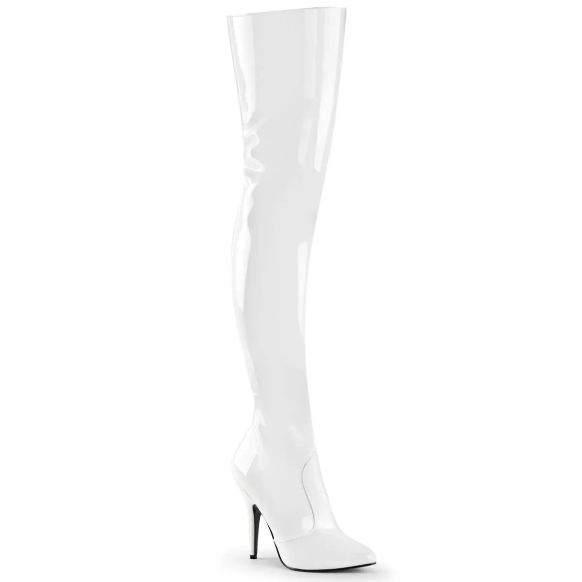 Women's Stiletto High Heel Thigh-High Shoes - White Synthetic Patent Leather, Pointed Toe, 5 in Heel - Seduce-3010, High Heels