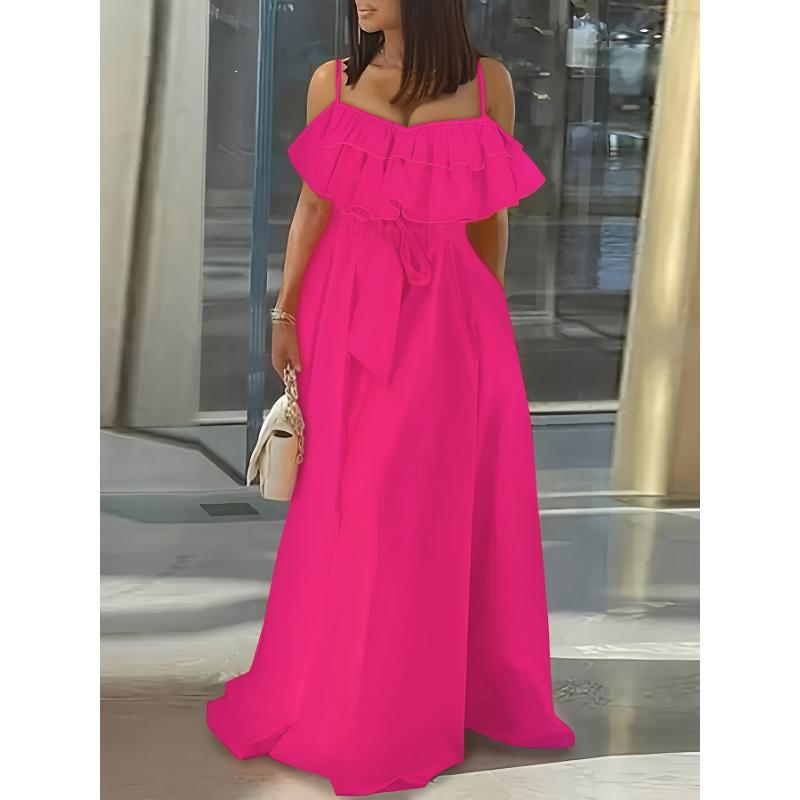 Ruffle Trim Sleeveless Cami Dress, Tie-waist Strap Maxi Length Dress, Women's Clothing Elegant Loose Midi Flowery Backless Mini white  dress  girl shein body con summer  outfits prom chain decor Renaissance Lace-Up drop  waist  gown