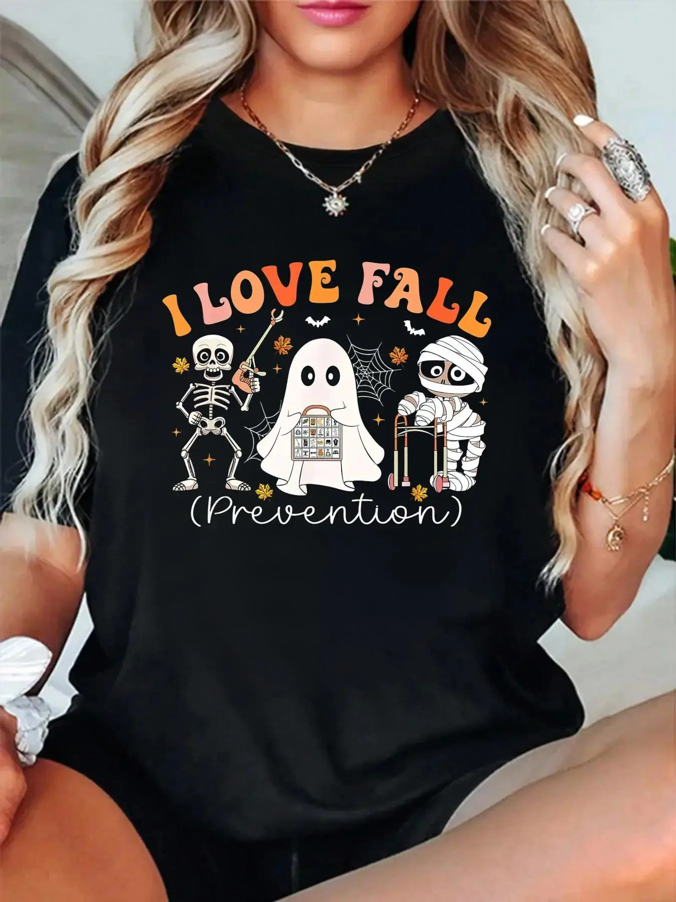 Groovy I Love Fall Prevention Physical Therapy Nurses Autumn T-Shirt women's graphic tees fall shirts Casual All-Season Sportswear,Round Neck, Short Sleeve, Machine Washable