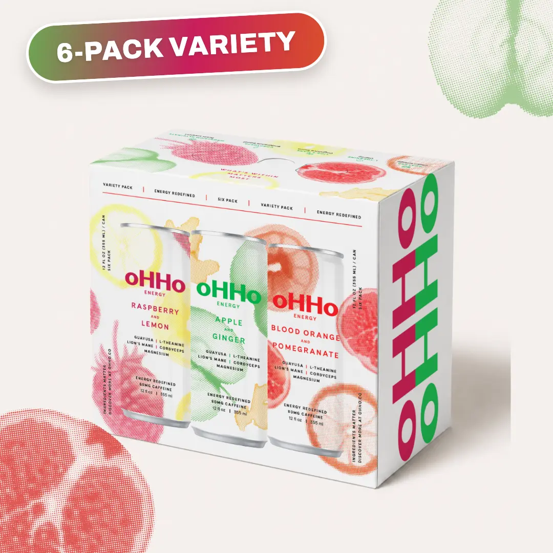 oHHo ENERGY Variety Pack, 6 Cans - Blood Orange & Pomegranate, Apple & Ginger, Raspberry & Lemon, 80mg Caffeine, 12 fl oz