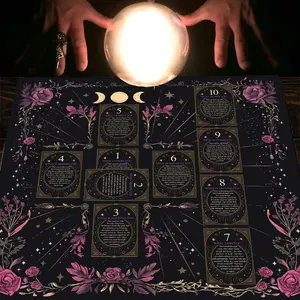 1pc Mystical Moon Phase Floral Golden Square Altar Cloth Tablecover Witchy Celestial Tablecloth Tarot Card Spread Reading Cloth Table Mat Decorative Tarot Reading Cloth Tapestry Wall Hanging Home Wall Rugs Room Decor Gift for Tarot Card Beginners