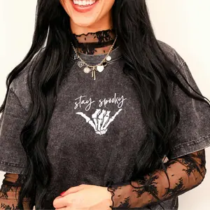 Embroidered Stay Spooky Skeleton Hand Acid Was Halloween Women Loose Fitting Cotton Tshirt