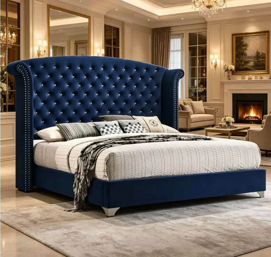 Bellemave Luxury Navy Blue Upholstered Bed Frame - Soft Velvet Fabric, Silver Nail Head Decor, Sturdy Platform Bed, Large/Extra Large Size, Glam Sail Design, 5-Star Hotel-Like Comfort, Bed Frames