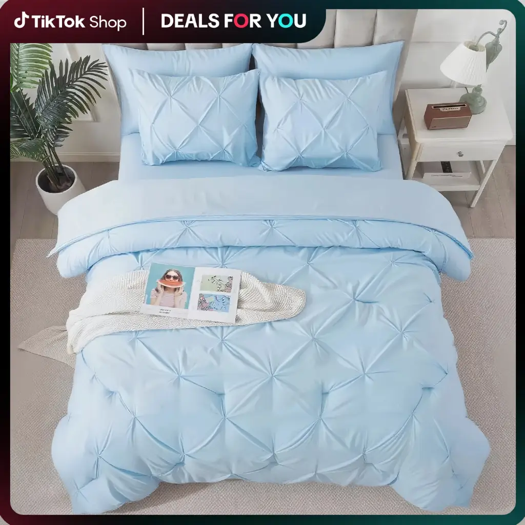 Cosybay Queen Comforter Set 7-Piece Bed in a Bag Light Blue Premium Microfiber Down Alternative Quilted Comforter Flat Sheet Fitted Sheet 4 Pillowcase