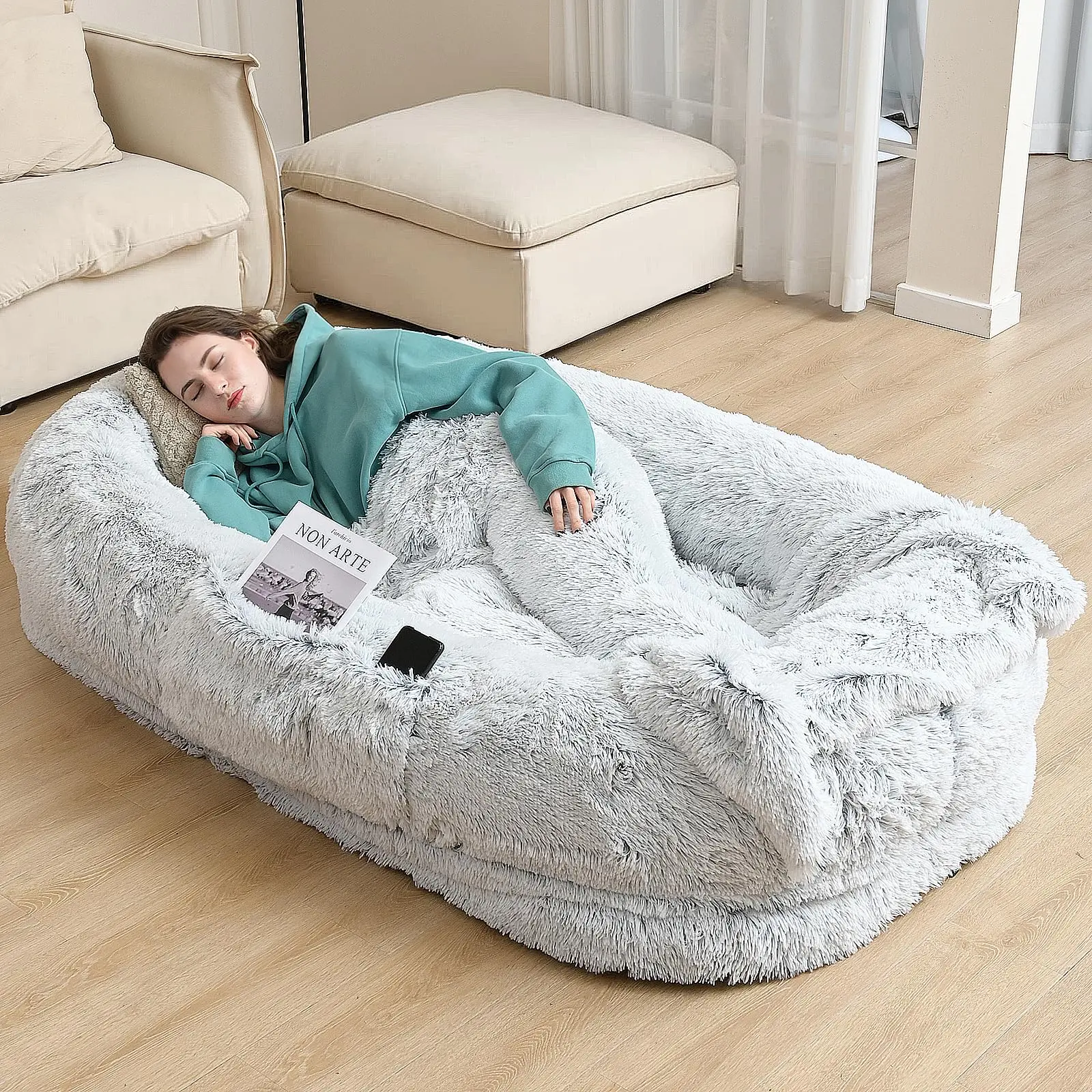 Human Dog Bed -71"x47"x12.5" Fits You and Pets, Napping, Faux Fur, Dog Bed for Human Adults