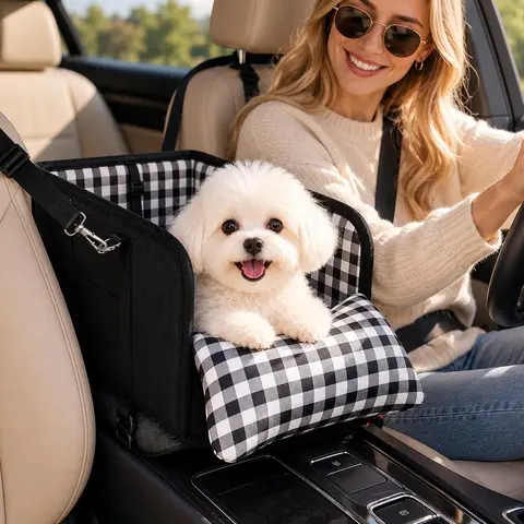 Armrest Dog Car Seat for Small Dogs & Cats Up to 12 lbs, Console Booster Seat with Safety Tether, Plaid Padded Cushion & Cozy Pet Travel Bed