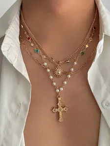 4PCS Layered Cross Necklaces for Women Trendy, Bohemian Bead Pearl Necklace Set with Colorful Rhinestones, Vintage Faith Cross Pendant Necklace Stack Adjustable Length Necklace Jewelry Gifts Stainless Steel Necklaces