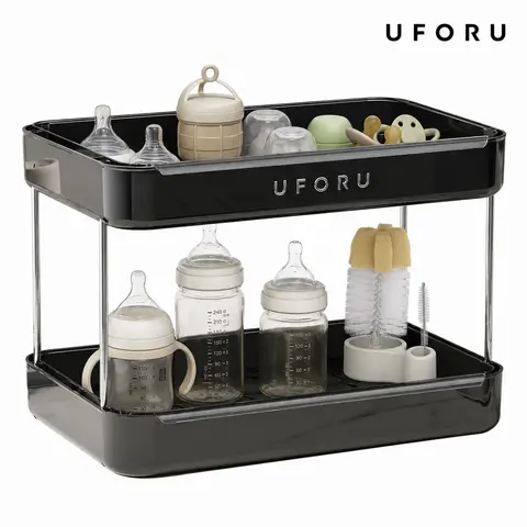 UFORU Vintage Steel&Plastic 2/3-Tier Square Cup Drainer with Dripping Tray, Compact Countertop Mug Organizer for Home Supplies, Desk Cup Drying Storage Rack (White/Black/Green, 2-Tier-White)