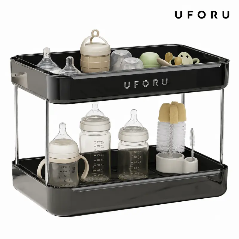 UFORU Vintage Steel&Plastic 2/3-Tier Square Cup Drainer with Dripping Tray, Compact Countertop Mug Organizer for Home Supplies, Desk Cup Drying Storage Rack (White/Black/Green, 2-Tier-White)