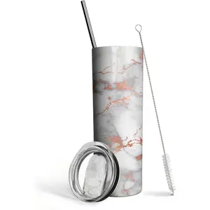 Rose Gold Marble Tumblers with straw 20 Oz Print Tumbler Travel Cup Iced Stainless Steel with Lid and Staw Insulated Funny Coffee Tumbler Cups Gifts for Girlfriends Rose Gold Marble Drinkware Flasks