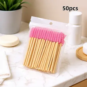 50pcs Bamboo Handle Eyelash Brush, Wooden Stick Eyebrow Comb Nylon Hair Spiral Lash Curler Tool, Cute Mini Portable Cosmetic Makeup Tool