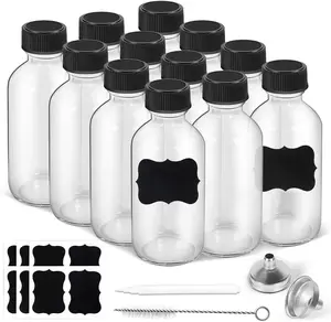 2oz Small Clear Glass Bottles with Lids, 2 Stainless Steel Funnel, 12 Labels, 1 Chalk Marker, 1 Brush - Reusable Boston Bottle for Juice, Ginger Shot, Wellness, Oils, Liquids, Leakproof Travel Bottle