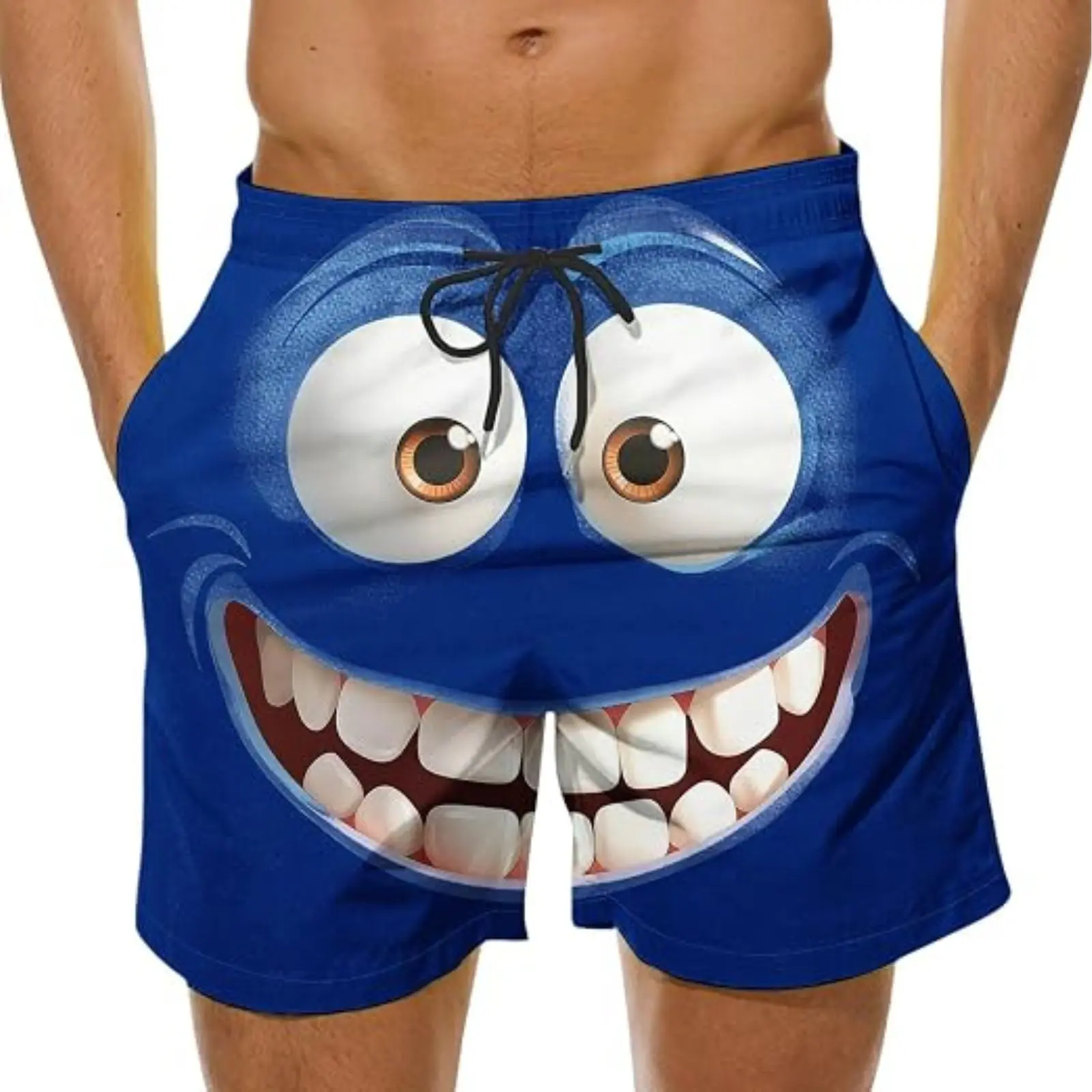 Funny Blue Monster Face Swim Trunks for Men, Funny Monster Smile Men Graphic Shorts
