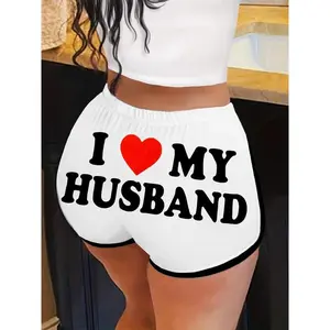 Women's Green 'I Love My Husband' Letter Print Elastic Waist Shorts - Casual Summer Wear with Heart and Letter Pattern, Lightweight Breathable Fabric
