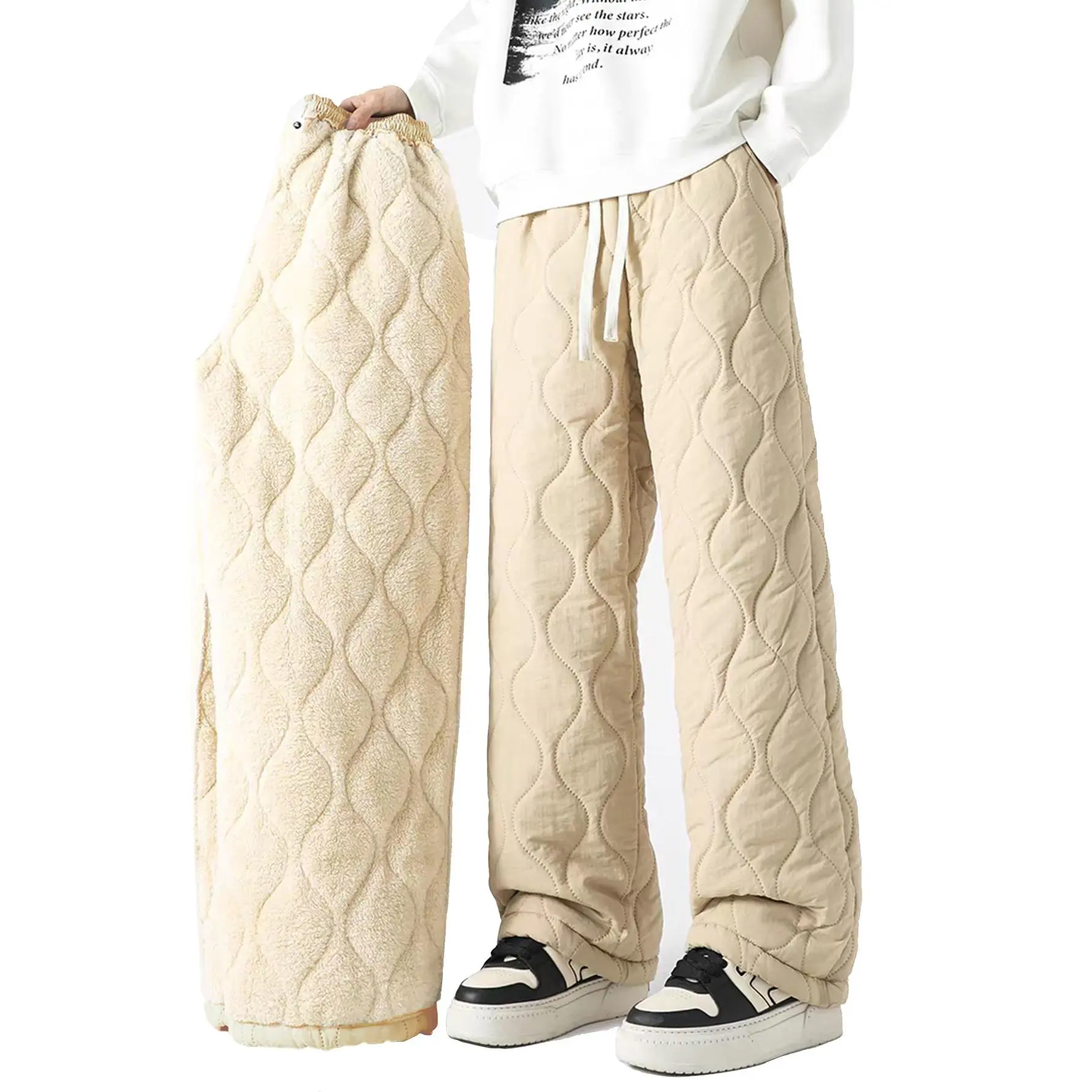 Men's Fleece Lined Quilted Pants, Men's Winter Warm Pants, Men's Waterproof Windproof Pants, Men's Wide Leg Thermal Pants, Men's Sherpa Lined Snow Pants, Men's Casual Winter Trousers