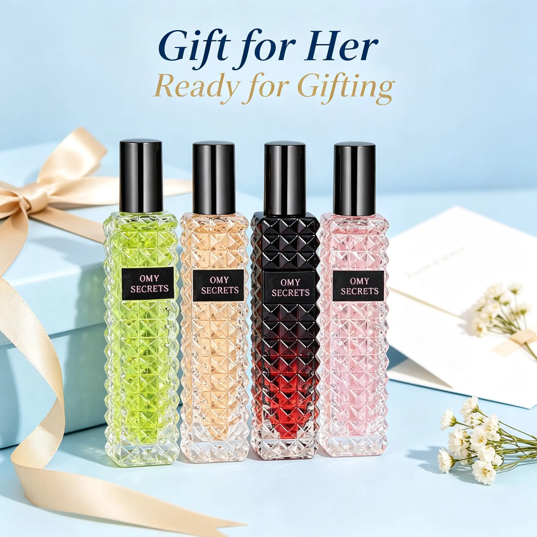 OMY SECRETS Women's Eau De Parfum - 4 Unique Scents, Diamond-Cut Glass Bottle, Ideal Birthday or Holiday Gift for Her