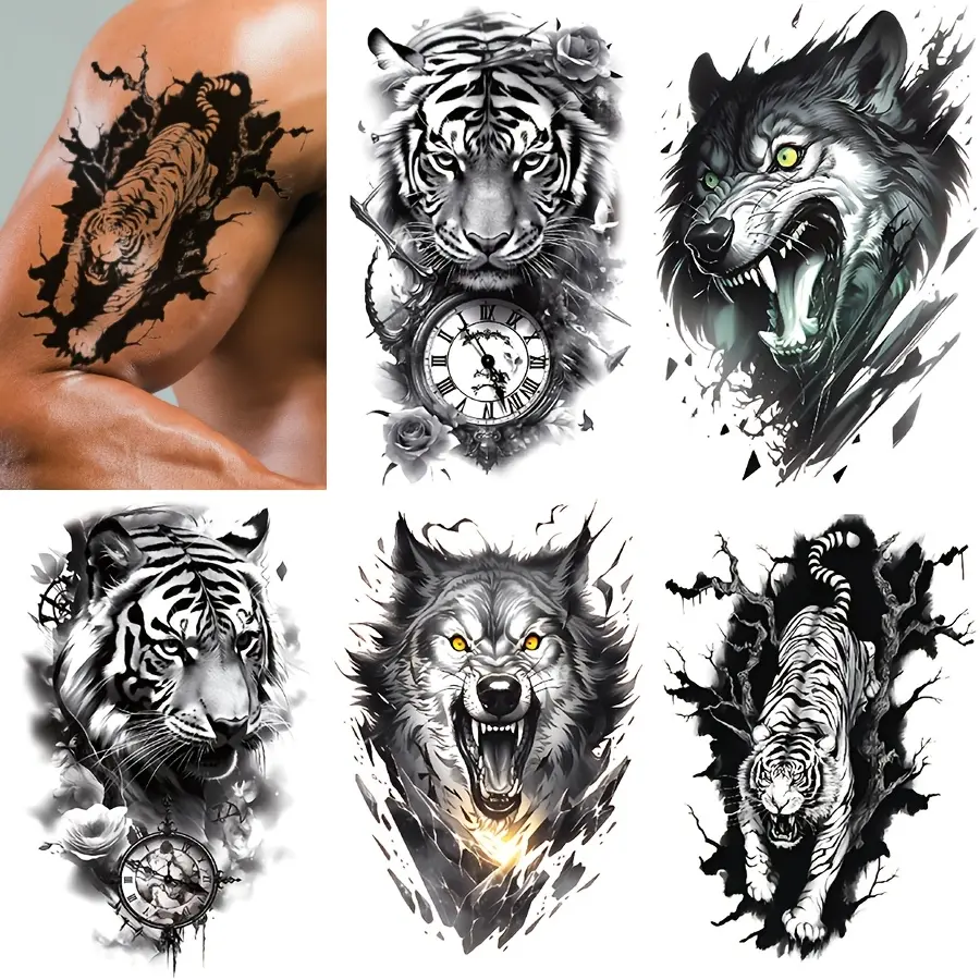 5-Sheet Waterproof Wolf & Tiger Fake Tattoos, Youth Fashion Animal Body Art Stickers for Men, Beauty & Personal Care Body Makeup with Color Correction, 5 Sheets