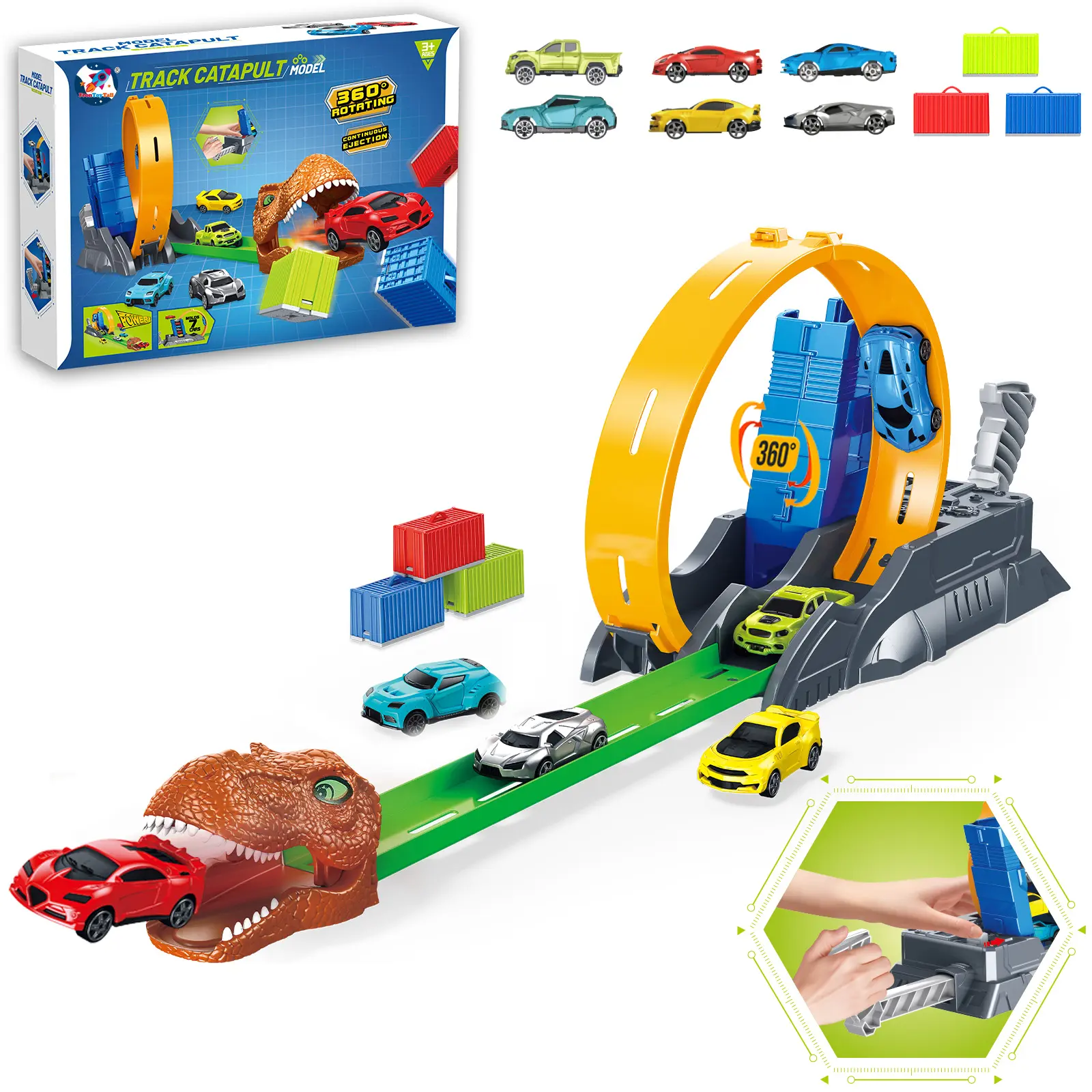 Frontoytall BPA-Free T-Rex Dinosaur Race Track Toy Set - 360° Rotating Loop, Launcher Tower, 6 Die-Cast Cars, Track Accessories, Cargo Containers, STEM Fun Educational Building Playset Gift for 3+ Year Kids