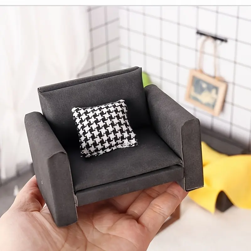Mini Black Dollhouse Sofa, Miniature Furniture with Pillow & Blanket 1:12 DIY Model for Living Room Scene Photography, Perfect Holiday Gift Choice