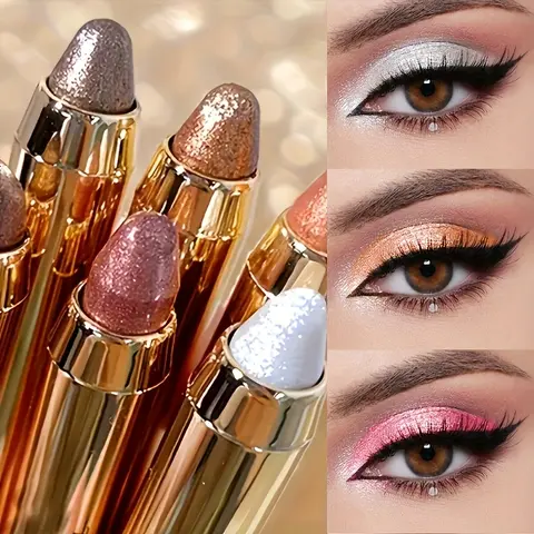 6 Colorful Shimmer Cosmetic Eyeshadow Sticks, Dual-Ended Design for Easy Makeup with Sparkle and Satin Finish, Glitter Eyeshadow Stick Set, Eye Makeup Products