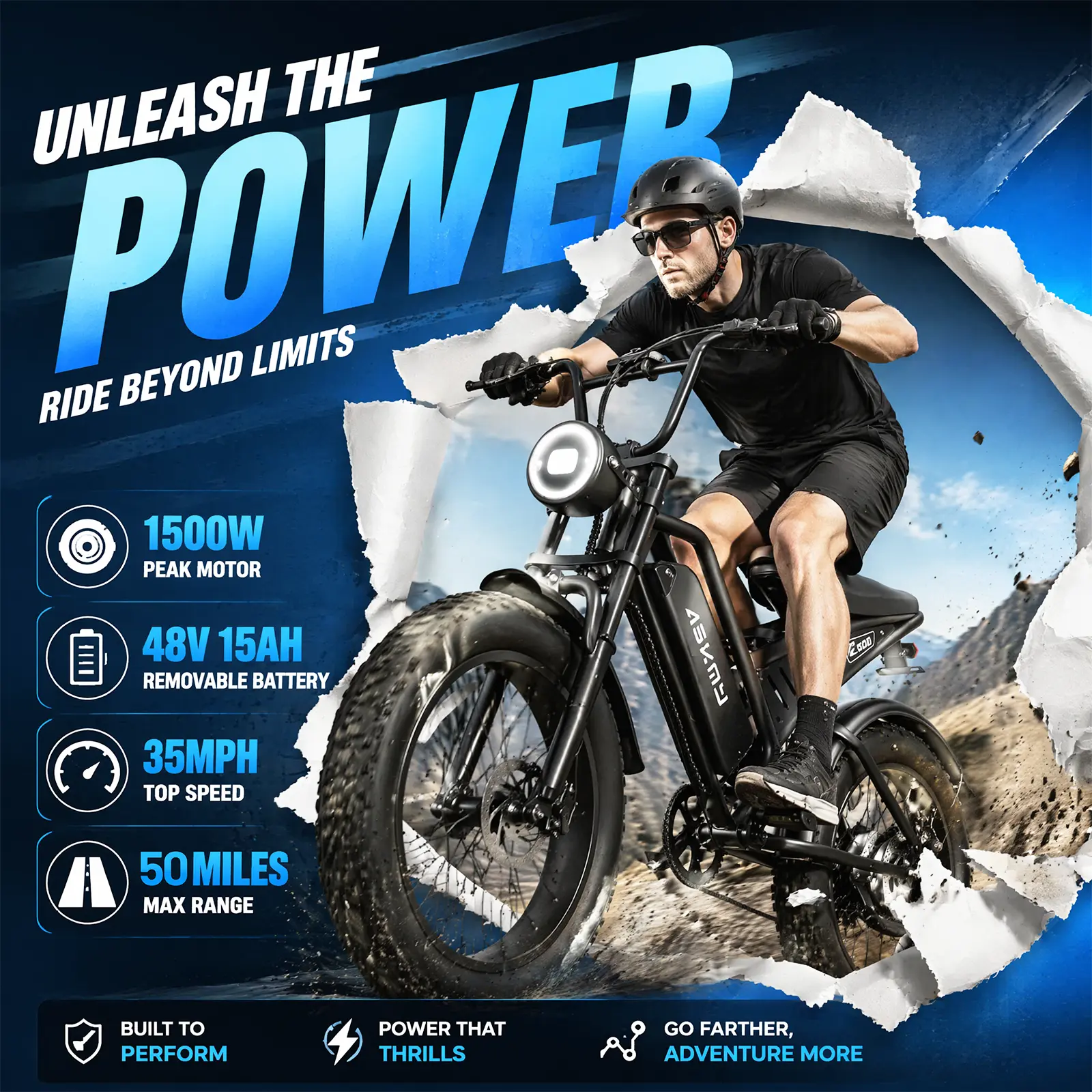 ASKMY E500 Fat Tire E-Bike | 1500Wh Peak Power | 48V 15Ah Long-Range Battery | 20-inch All-Terrain Electric Bike for Adults | Dual Suspension | 35MPH Max Speed | UL 2849 Certified Mountain E Bike