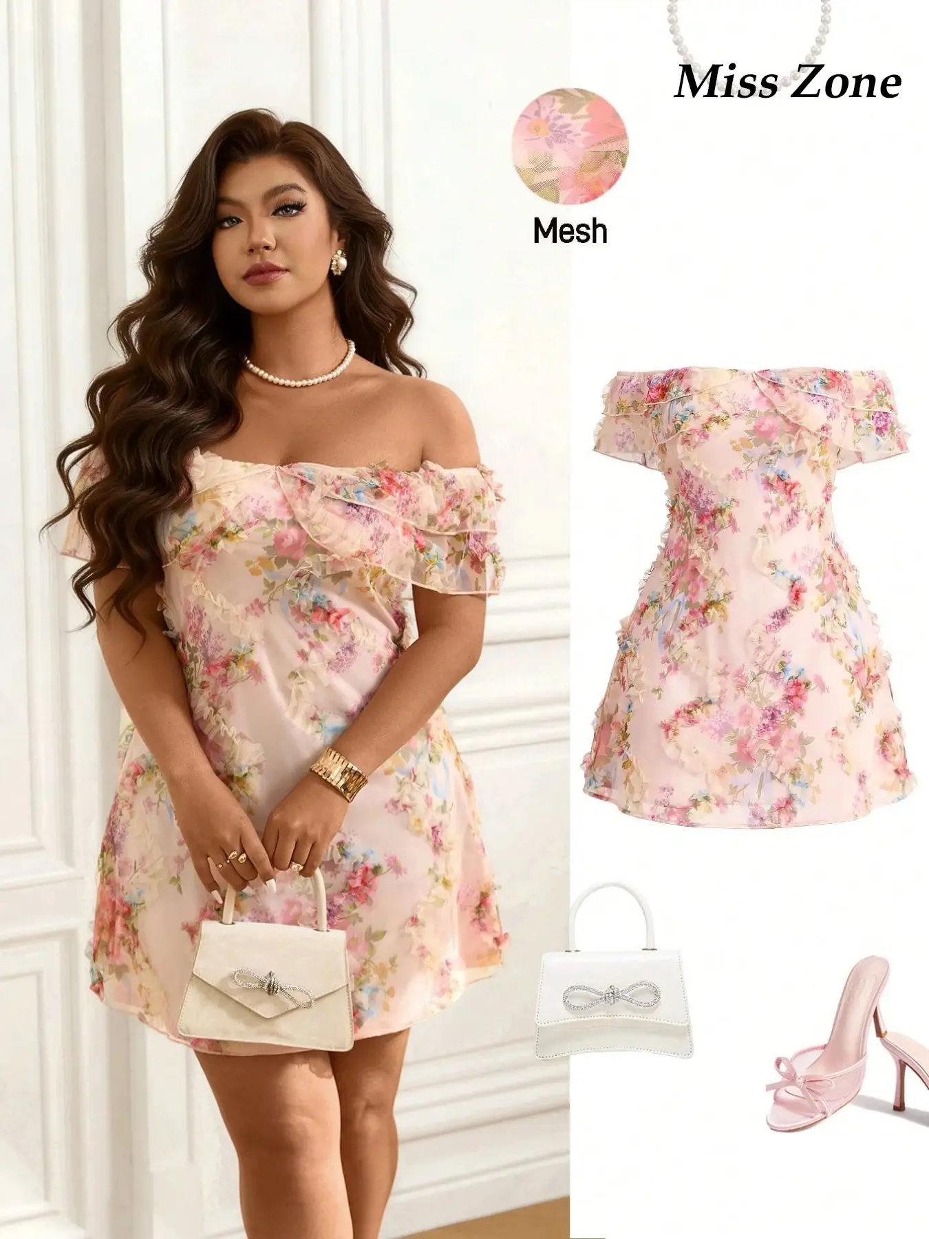 Women's Plus Size Off Shoulder Mini Dress 3D Floral Mesh Lightweight Ruffle A-Line Flowy Elegant Feminine Prom Wedding Guest Romantic Date Night Trendy Chic Ruffled