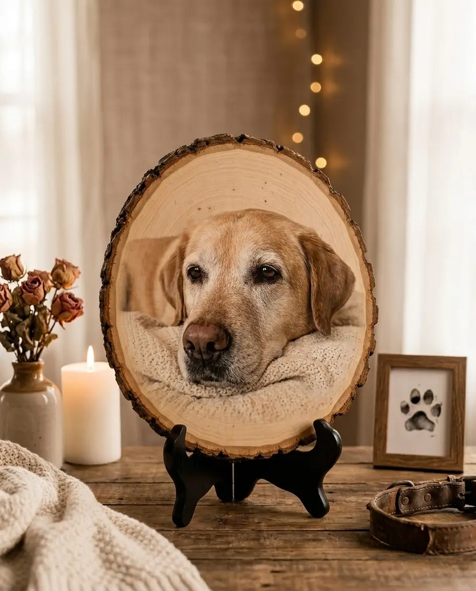 Personalized Pet Memorial Photo Wood Sign | Custom Live Edge Plaque with Your Dog or Cat Picture Printed Edge-to-Edge | Rainbow Bridge Loss Keepsake & Pet Remembrance Gift