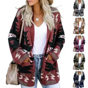 Women’s Boho Aztec Open-Front Loose Slouchy Tribal Long-Sleeve Knit Christmas Cardigan Jacket Coat