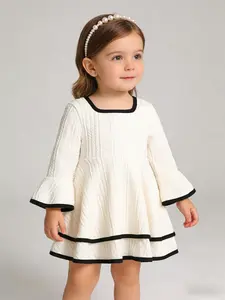 Girls' Plain Square Neck Flare Sleeve Mini Dress, Y2K Style, Spring & Fall Casual Wear, Daily Leisure Clothing, Knitted Dress