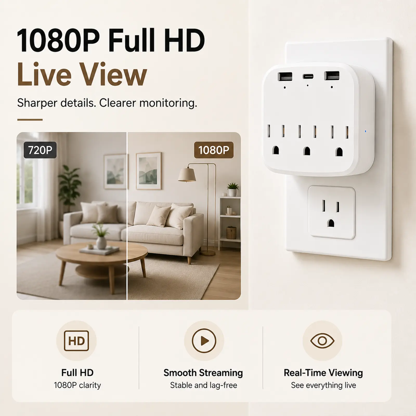 Smart Hidden Camera Wall Expander, 1080P Wireless Outlet Camera with USB Ports & Type-C, Dual-Band WiFi Security Camera with Real-Time Motion Tracking and Local Storage Nanny