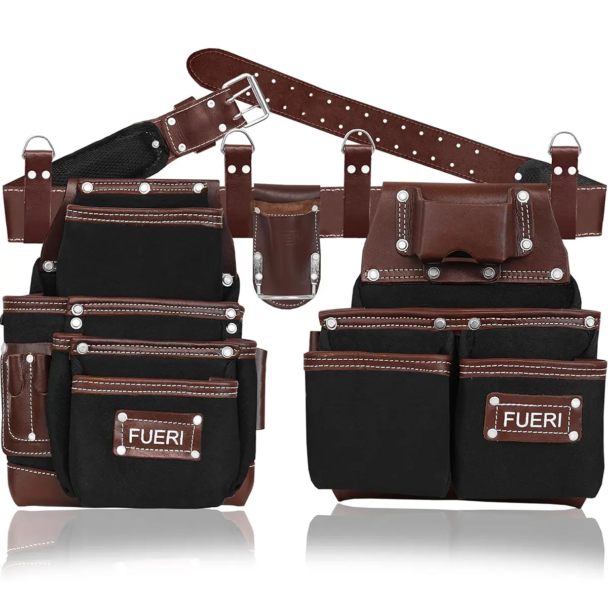 FUERI Nylon & Leather Tool Belt Organizer - 19-Pocket Carry Portable Tool Bag with Adjustable Foam Padded Belt, Double-Stitched Heavy Duty Left/Right Pouches, 4 D-Loops, Hammer Holder for Carpenters