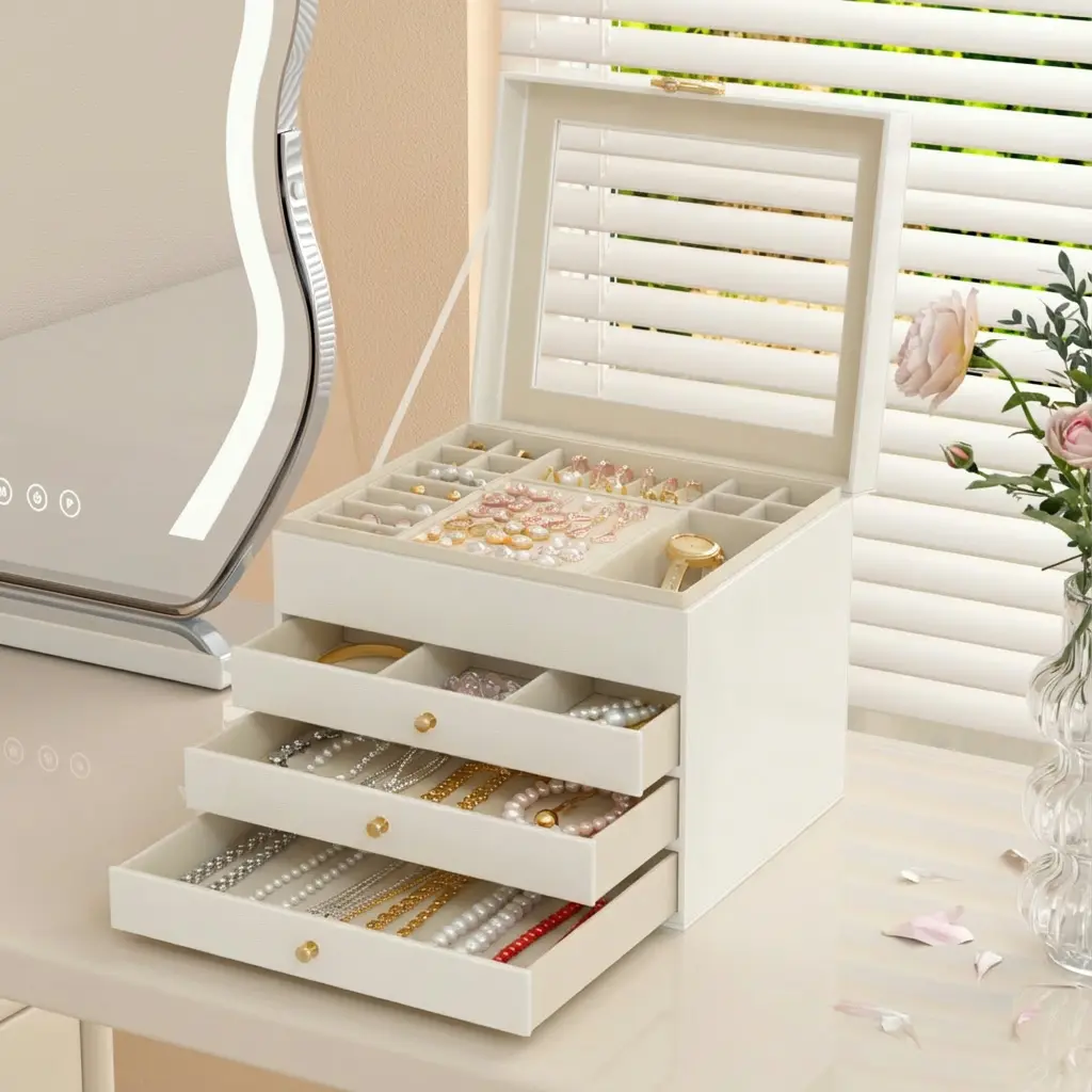 4-Tier Multi-Purpose Organizer Box, Clear Acrylic Cosmetic & Jewelry Storage with Handle - Large Capacity Desktop Vanity Organizer for Makeup, Skincare, Accessories, Office Supplies & Craft - Stackable Drawer Storage for Bedroom, Bathroom & Travel
