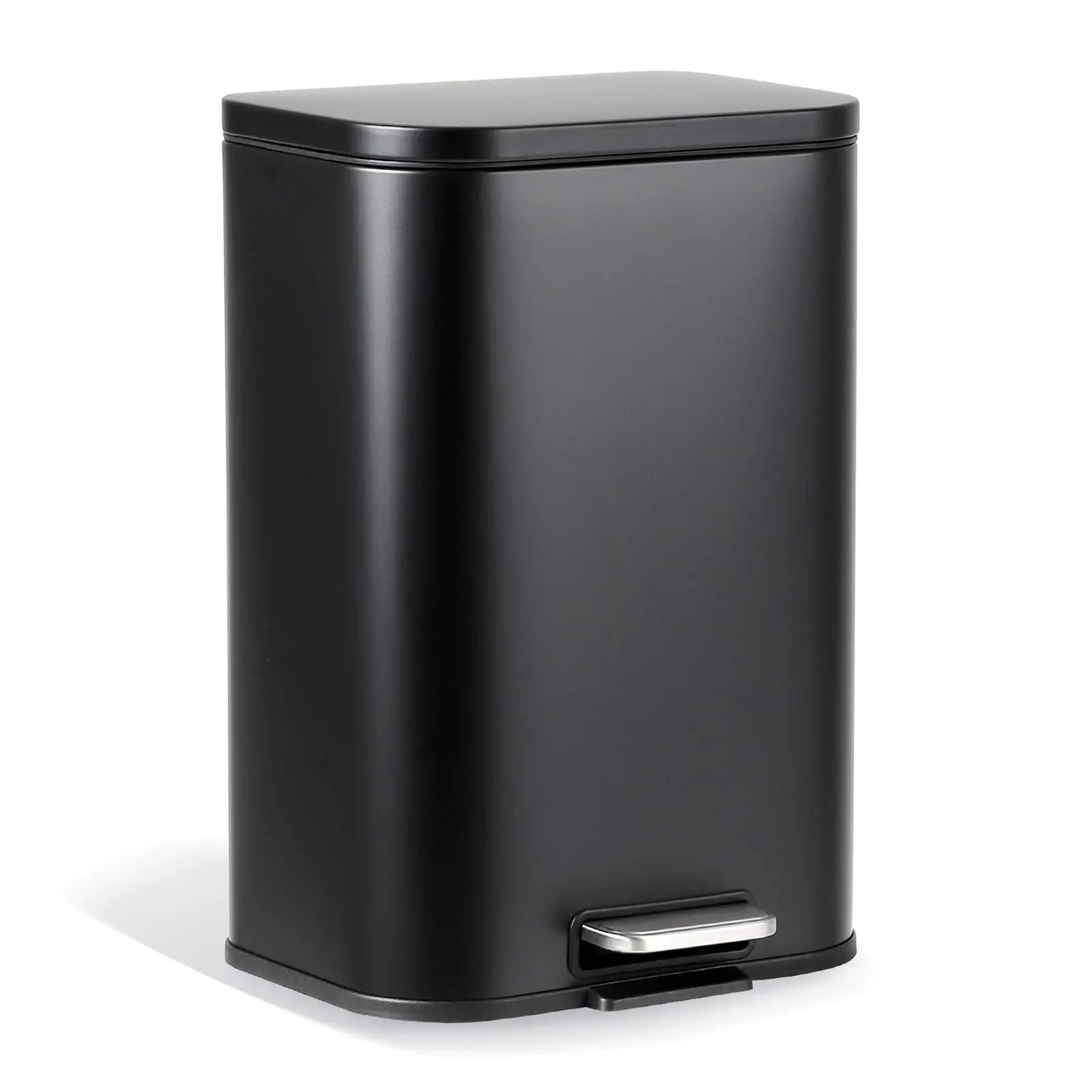 Black 3.2 Gallon Trash Can for Kitchen, Stainless Steel Step Trash Can with Soft-Close Lid & Removable Inner Bucket, Rectangular Garbage Can for Office Bathroom Living Room