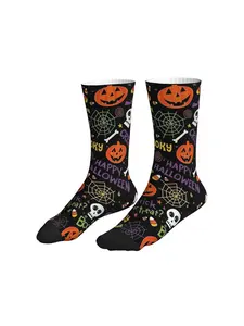 Men Women Black Base Orange Purple Halloween Element Mid Calf Socks Spooky Trick Or Treat Streetwear Socks