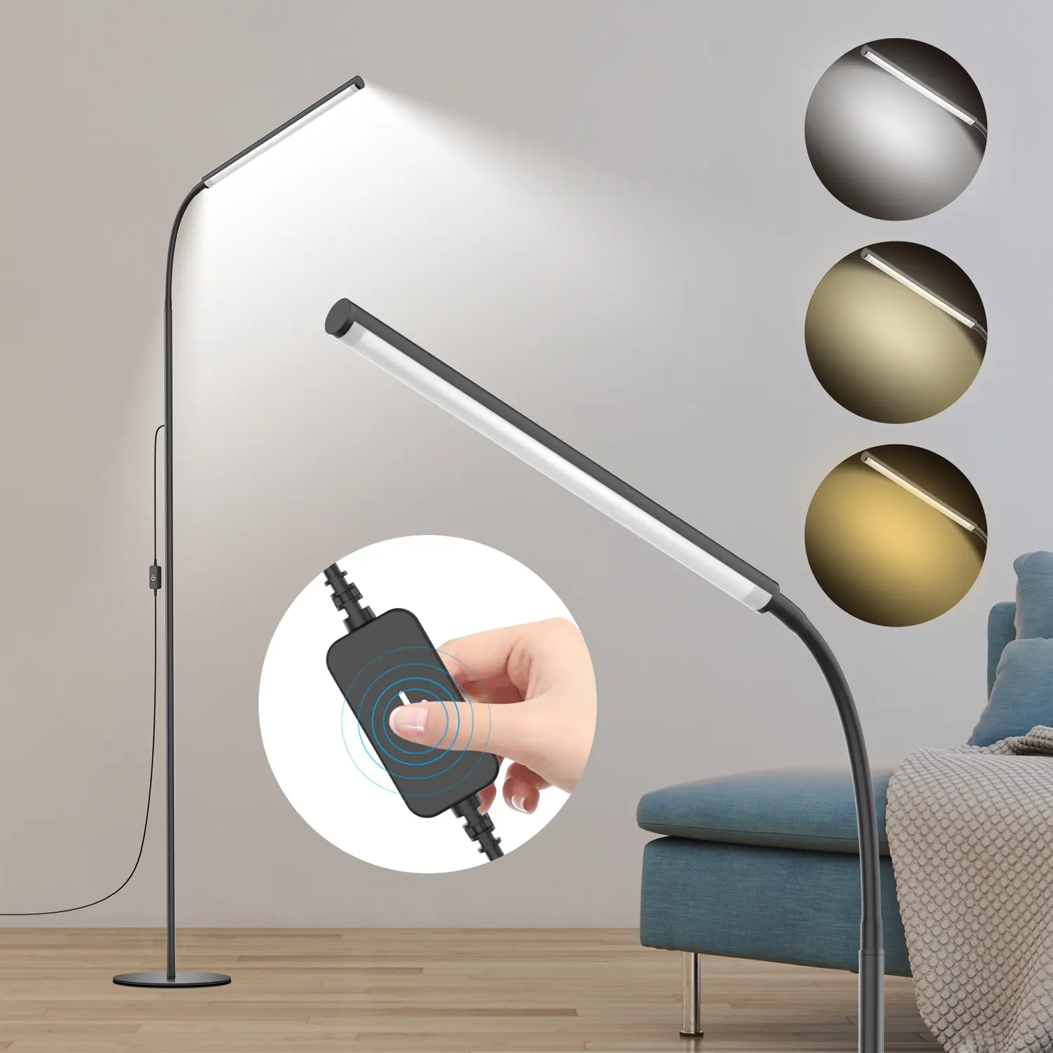KEXU 15W Bright LED Floor Lamp with Stepless Adjustable 3700K-7000K Colors & Dimmer, Gooseneck Design for Home Lighting, Modern Interiors