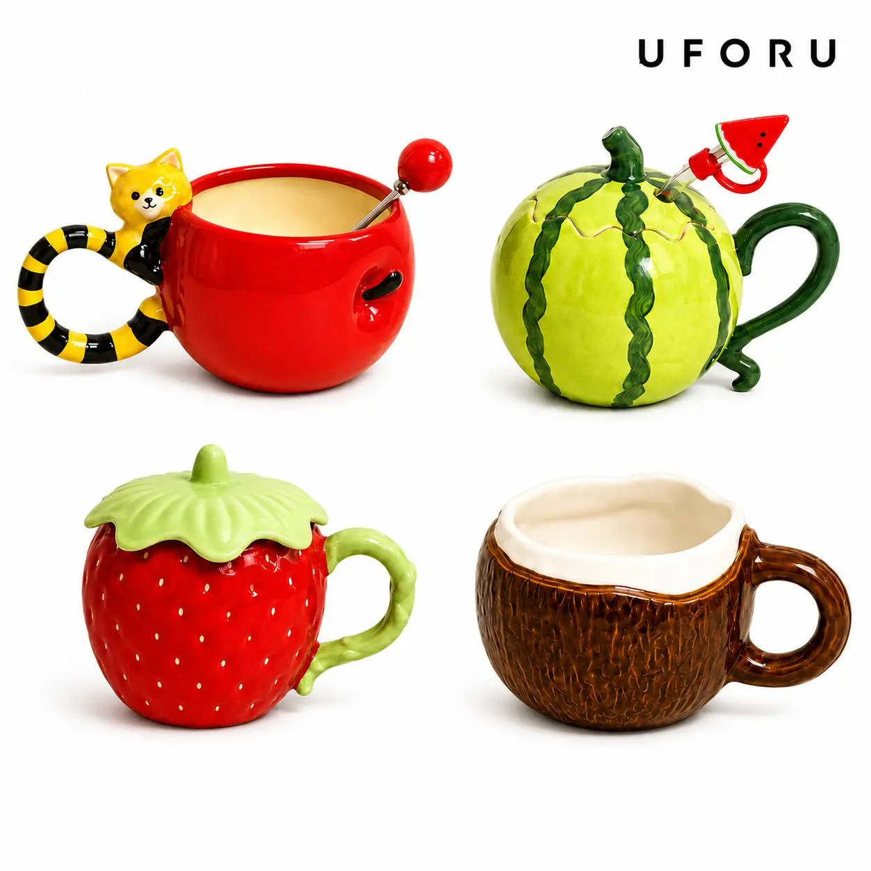 UFORU creative, cute ceramic cup set featuring multiple designs, includes cups lids, straws, and small spoons; household ceramic water cups suitable for various occasions—a girly gift choice #Top Picks